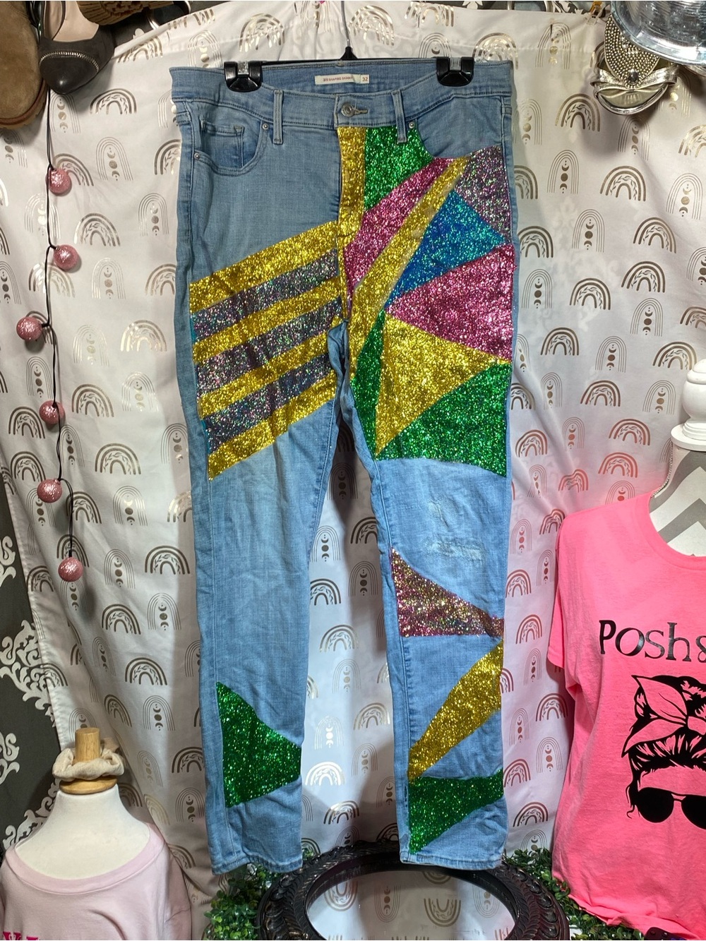 Up Cycled Levi's Light Wash Skinny Jeans with Green, Gold, Pink & Blue Glitter